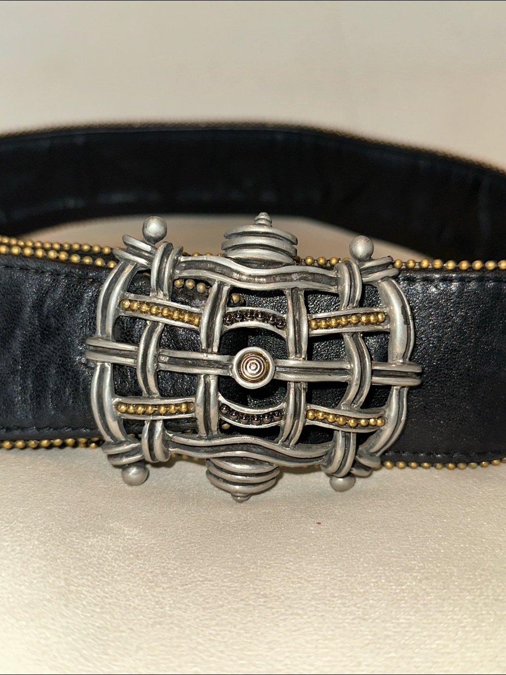 Fahrenheit New York Woven Metal Buckle Black Leather Belt with Bronze Bead Trim